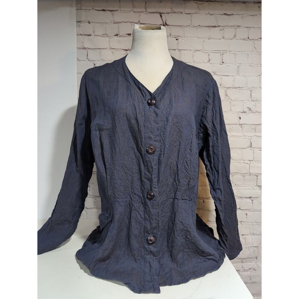 Flax Womens 100% Linen Navy Blue Blazer Jacket 4 Button Woman's Size M Peplum